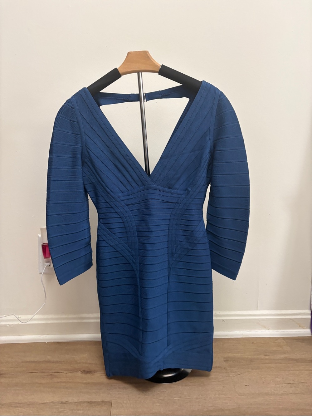 Herve Leger Navy Blue V-Neck Bandage Midi Dress